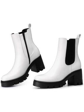 Women's Chelsea Ankle Boots 2.91 Inches Chunky Heels Platform Short Boot White